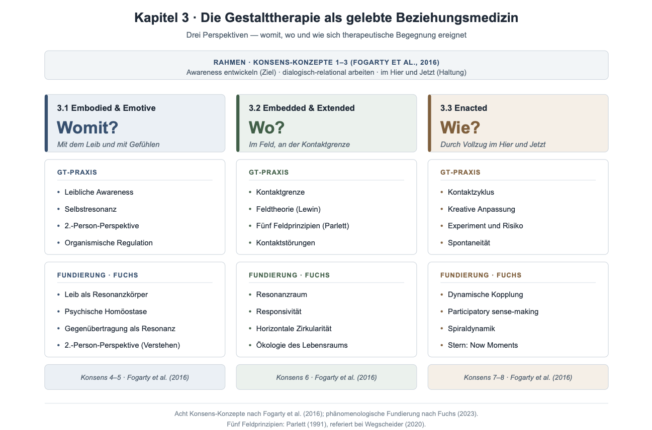 Abbildung 2: Struktur des dritten Kapitels, die drei Perspektiven der Gestalttherapie als Beziehungsmedizin.